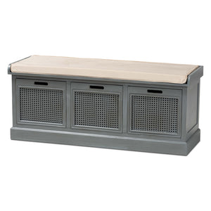 Baxton Studio Sheldon Modern and Contemporary Vintage Fabric Upholstered Finished Wood and Synthetic Rattan 3-Drawer Entryway Shoe Storage Bench