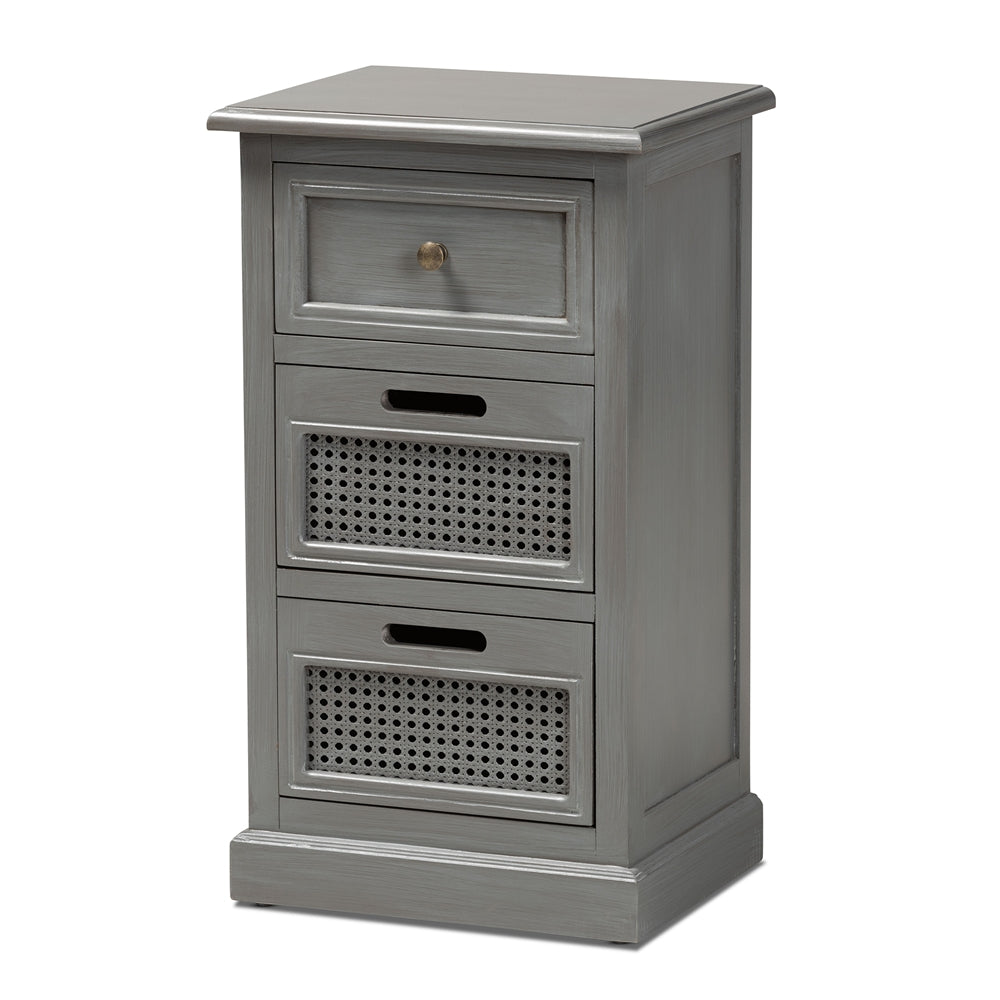 Baxton Studio Sheldon Modern and Contemporary Vintage Finished Wood and Synthetic Rattan 3-Drawer Nightstand