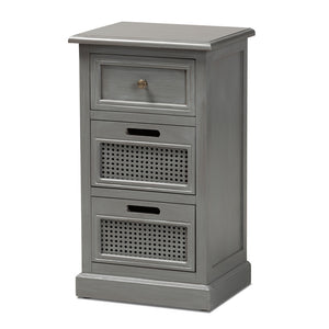 Baxton Studio Sheldon Modern and Contemporary Vintage Finished Wood and Synthetic Rattan 3-Drawer Nightstand