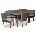 Load image into Gallery viewer, Baxton Studio Alvis Mid-Century Modern Grey Velvet Upholstered And Walnut Brown Finished Wood 5-Piece Dining Nook Set
