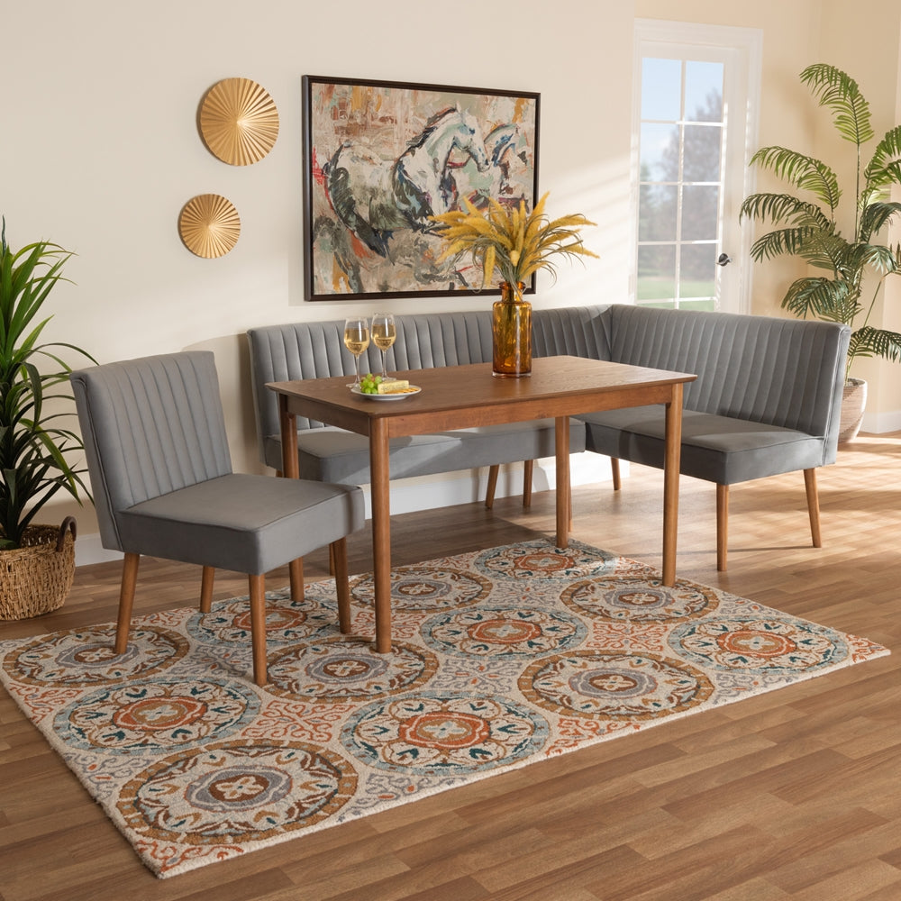 Baxton Studio Alvis Mid-Century Modern Grey Velvet Upholstered And Walnut Brown Finished Wood 4-Piece Dining Nook Set