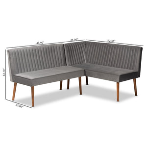 Baxton Studio Alvis Mid-Century Modern Grey Velvet Upholstered And Walnut Brown Finished Wood 2-Piece Dining Nook Banquette Set