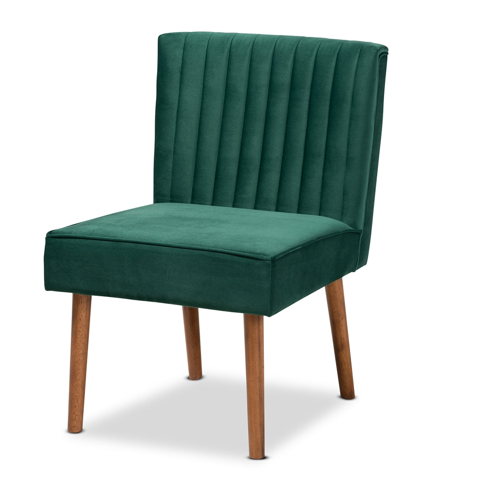 Baxton Studio Alvis Mid-Century Modern Emerald Green Velvet Upholstered And Walnut Brown Finished Wood Dining Chair