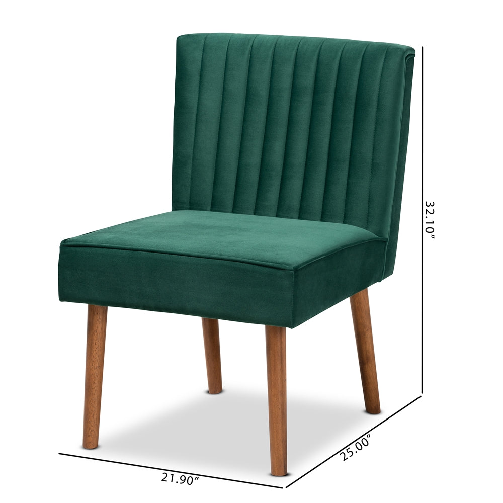 Baxton Studio Alvis Mid-Century Modern Emerald Green Velvet Upholstered And Walnut Brown Finished Wood Dining Chair