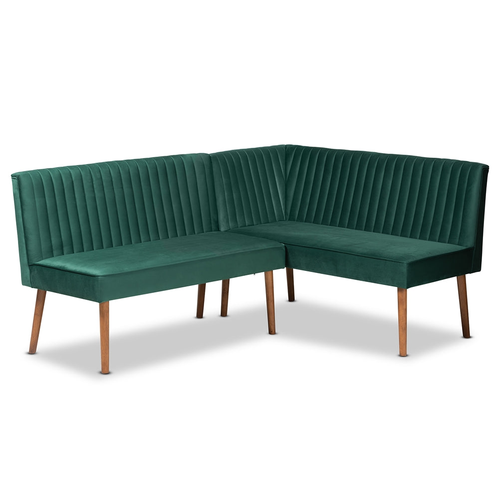 Baxton Studio Alvis Mid-Century Modern Emerald Green Velvet Upholstered And Walnut Brown Finished Wood 2-Piece Dining Nook Banquette Set