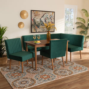 Baxton Studio Alvis Mid-Century Modern Emerald Green Velvet Upholstered And Walnut Brown Finished Wood 5-Piece Dining Nook Set