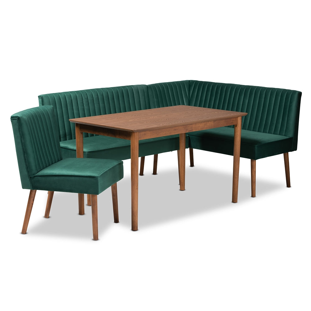 Baxton Studio Alvis Mid-Century Modern Emerald Green Velvet Upholstered And Walnut Brown Finished Wood 4-Piece Dining Nook Set