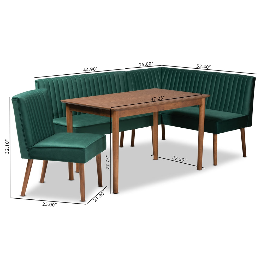 Baxton Studio Alvis Mid-Century Modern Emerald Green Velvet Upholstered And Walnut Brown Finished Wood 4-Piece Dining Nook Set