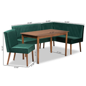 Baxton Studio Alvis Mid-Century Modern Emerald Green Velvet Upholstered And Walnut Brown Finished Wood 4-Piece Dining Nook Set