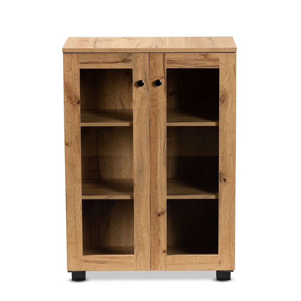 Baxton Studio Mason Modern And Contemporary Oak Brown Finished Wood 2-Door Storage Cabinet With Glass Doors