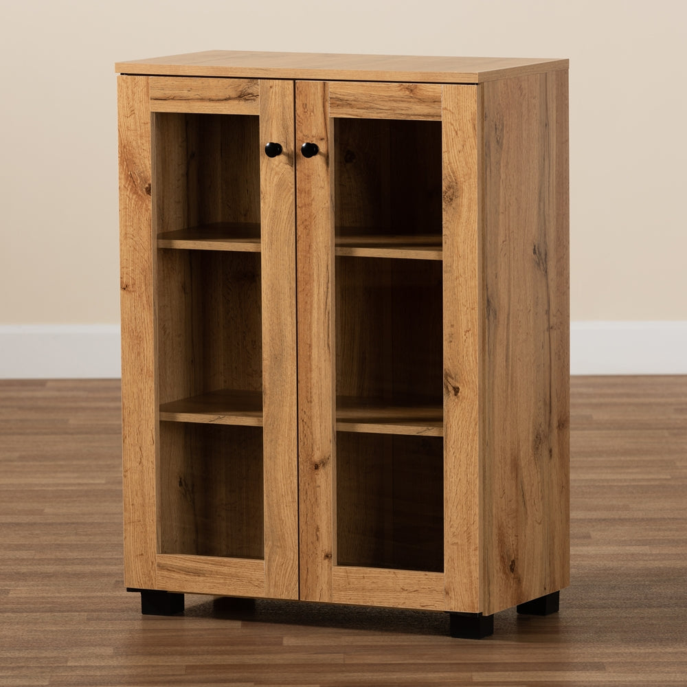 Baxton Studio Mason Modern And Contemporary Oak Brown Finished Wood 2-Door Storage Cabinet With Glass Doors