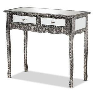 Baxton Studio Wycliff Industrial Glam And Luxe Silver Finished Metal And Mirrored Glass 2-Drawer Console Table