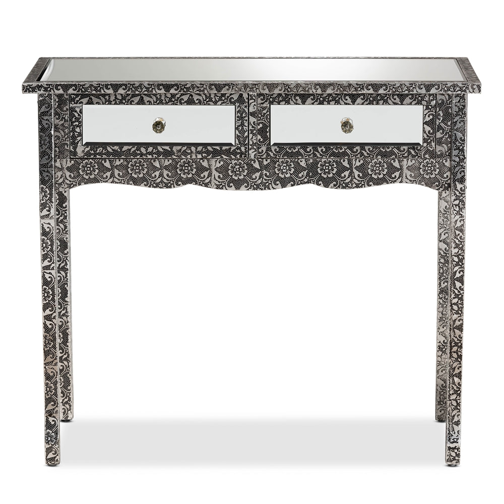 Baxton Studio Wycliff Industrial Glam And Luxe Silver Finished Metal And Mirrored Glass 2-Drawer Console Table