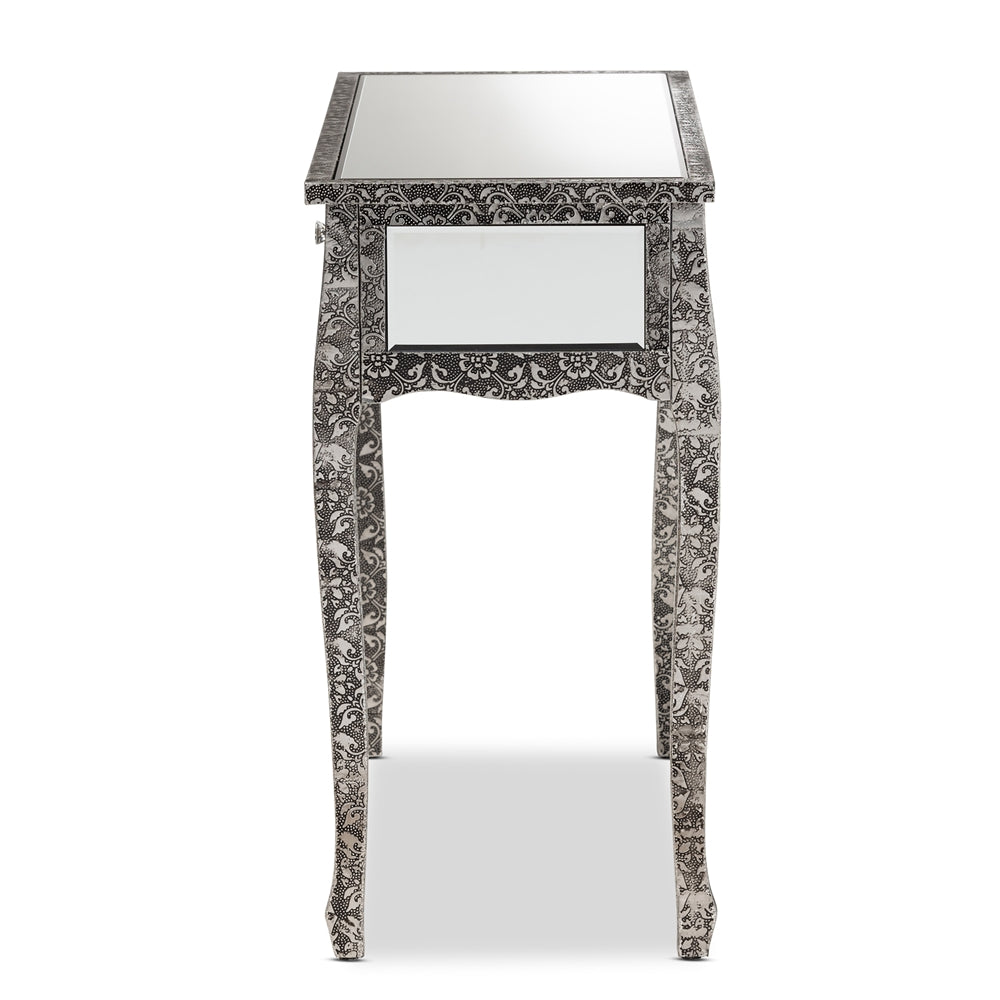 Baxton Studio Wycliff Industrial Glam And Luxe Silver Finished Metal And Mirrored Glass 2-Drawer Console Table