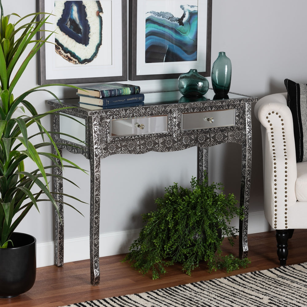 Baxton Studio Wycliff Industrial Glam And Luxe Silver Finished Metal And Mirrored Glass 2-Drawer Console Table