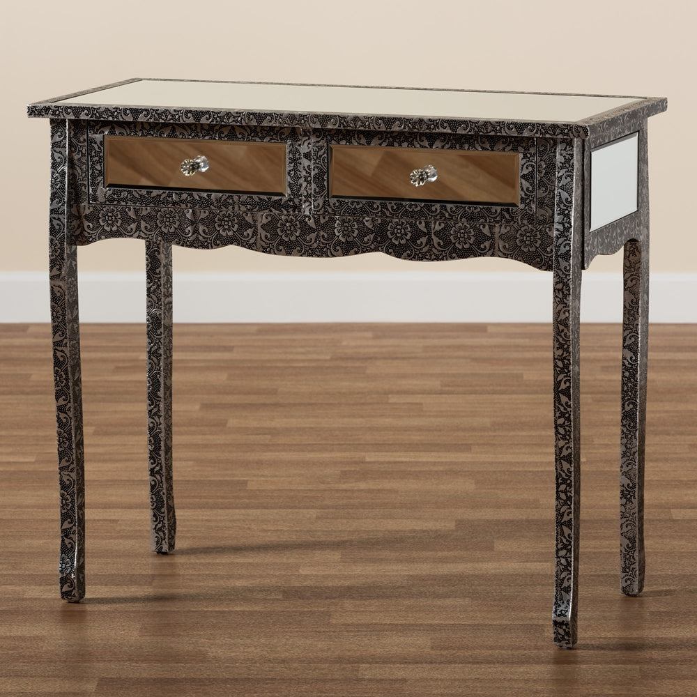 Baxton Studio Wycliff Industrial Glam And Luxe Silver Finished Metal And Mirrored Glass 2-Drawer Console Table