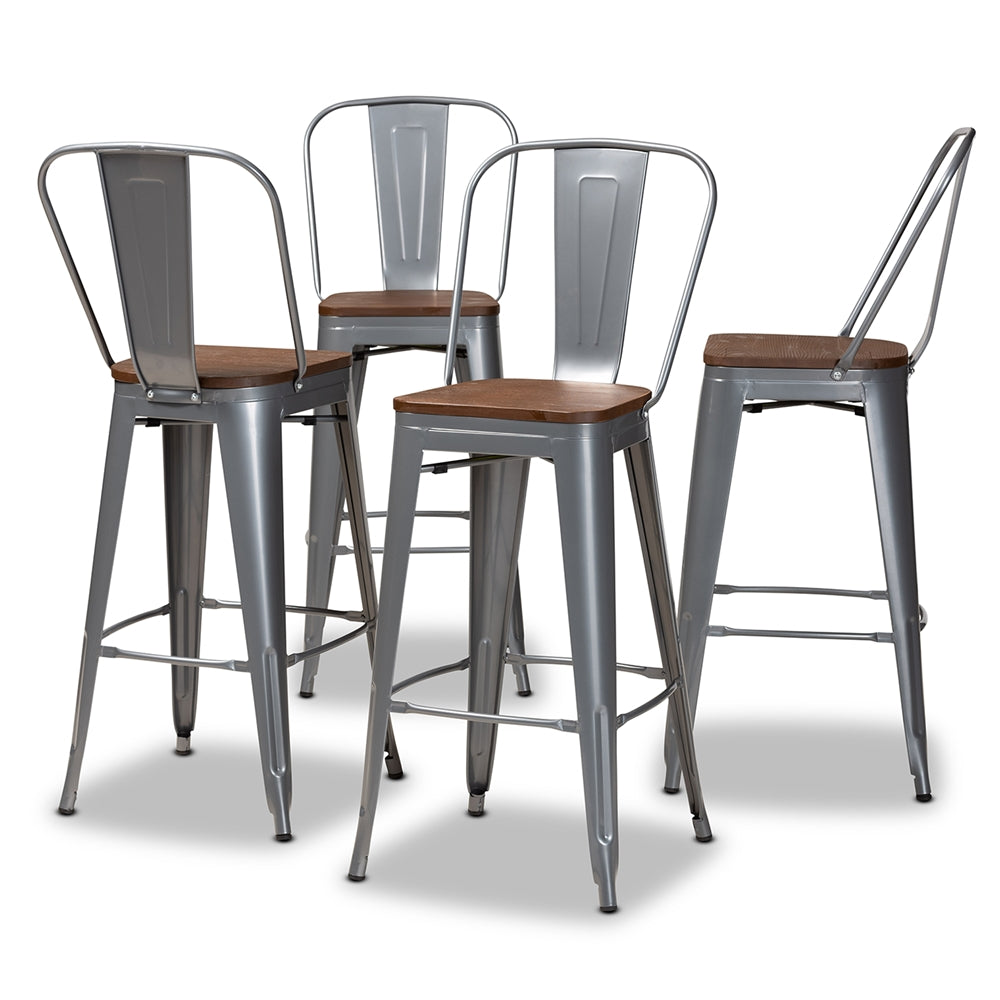 Baxton Studio Rosetta Modern Industrial Grey Metal And Walnut Brown Finished Wood 4-Piece Bar Stool Set