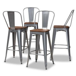 Baxton Studio Rosetta Modern Industrial Grey Metal And Walnut Brown Finished Wood 4-Piece Bar Stool Set