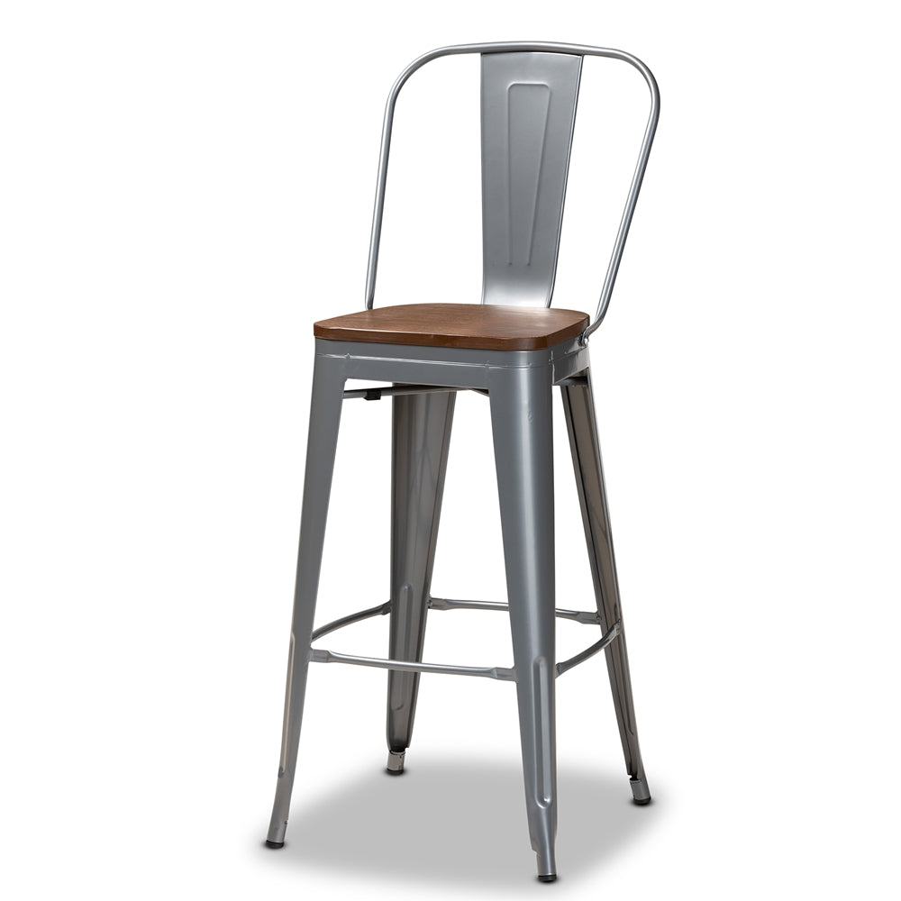 Baxton Studio Rosetta Modern Industrial Grey Metal And Walnut Brown Finished Wood 4-Piece Bar Stool Set