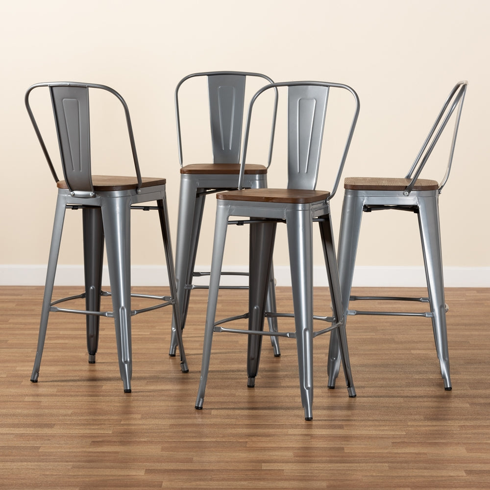 Baxton Studio Rosetta Modern Industrial Grey Metal And Walnut Brown Finished Wood 4-Piece Bar Stool Set