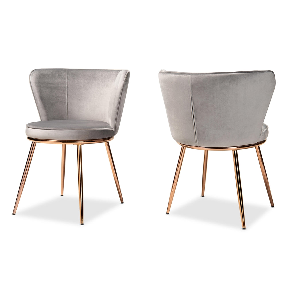 Baxton Studio Farah Modern Luxe And Glam Grey Velvet Fabric Upholstered And Rose Gold Finished Metal 2-Piece Dining Chair Set