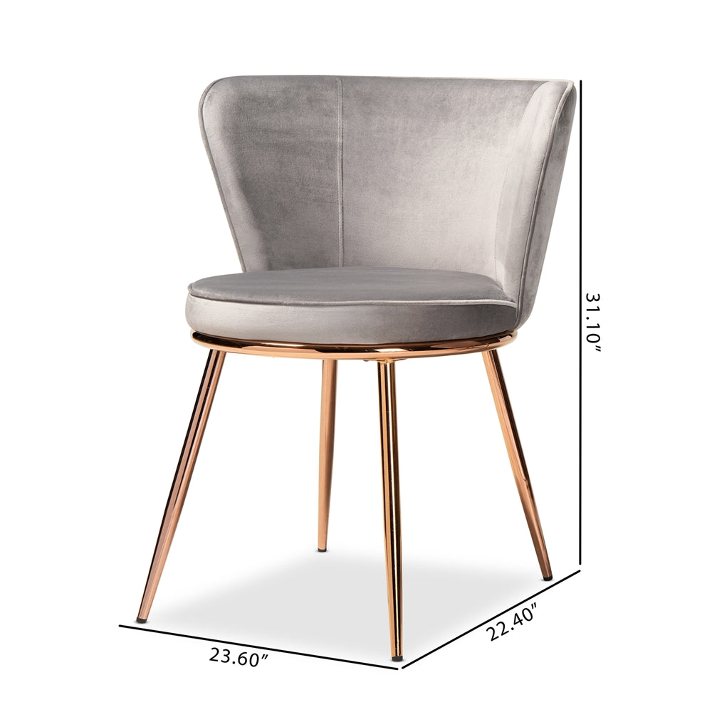 Baxton Studio Farah Modern Luxe And Glam Grey Velvet Fabric Upholstered And Rose Gold Finished Metal 2-Piece Dining Chair Set