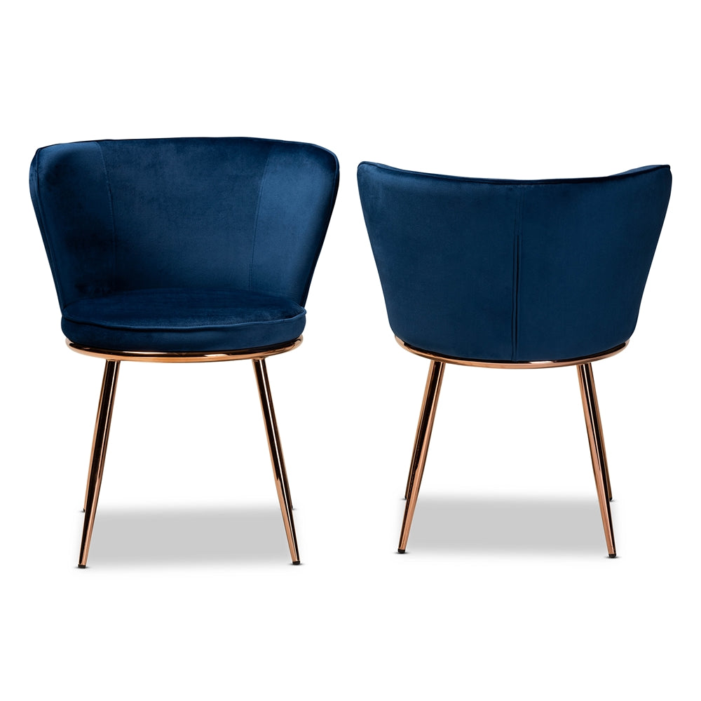 Baxton Studio Farah Modern Luxe And Glam Navy Blue Velvet Fabric Upholstered And Rose Gold Finished Metal 2-Piece Dining Chair Set