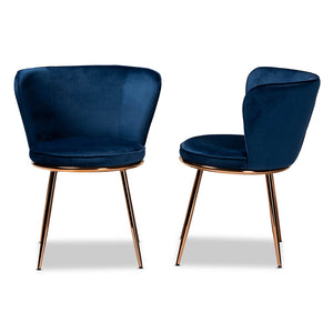 Baxton Studio Farah Modern Luxe And Glam Navy Blue Velvet Fabric Upholstered And Rose Gold Finished Metal 2-Piece Dining Chair Set