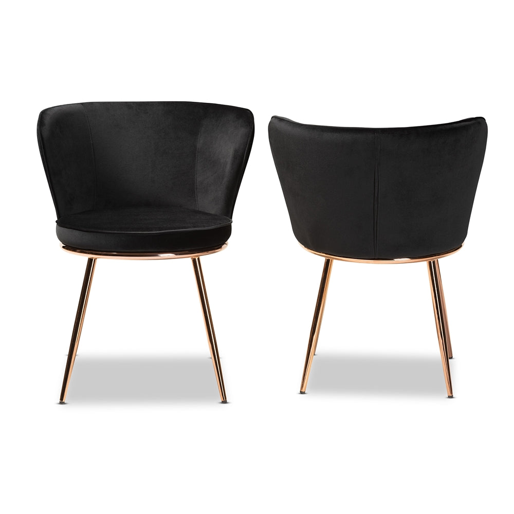 Baxton Studio Farah Modern Luxe And Glam Black Velvet Fabric Upholstered And Rose Gold Finished Metal 2-Piece Dining Chair Set