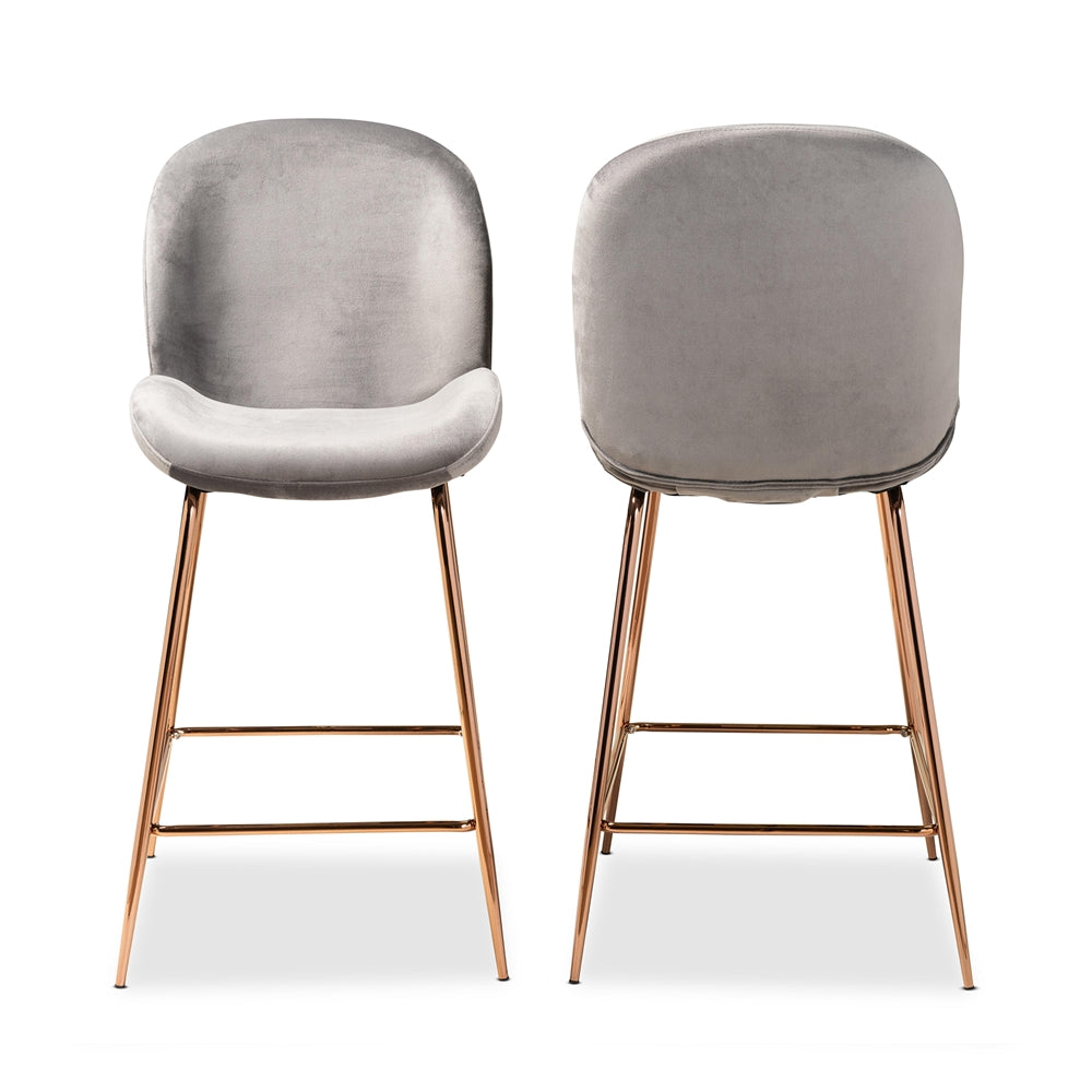 Baxton Studio Lander Modern Luxe And Glam Grey Velvet Fabric Upholstered And Rose Gold Finished Metal 2-Piece Counter Stool Set