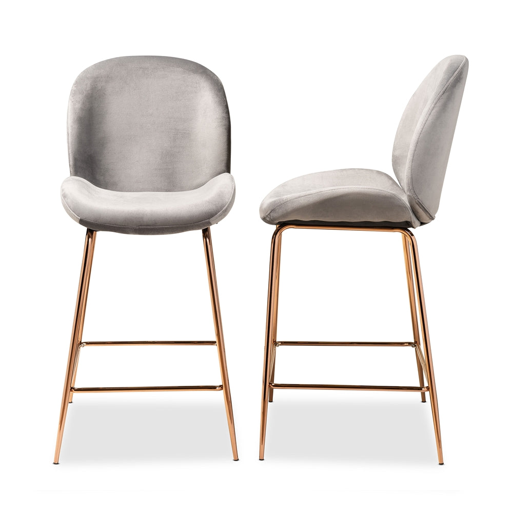 Baxton Studio Lander Modern Luxe And Glam Grey Velvet Fabric Upholstered And Rose Gold Finished Metal 2-Piece Counter Stool Set