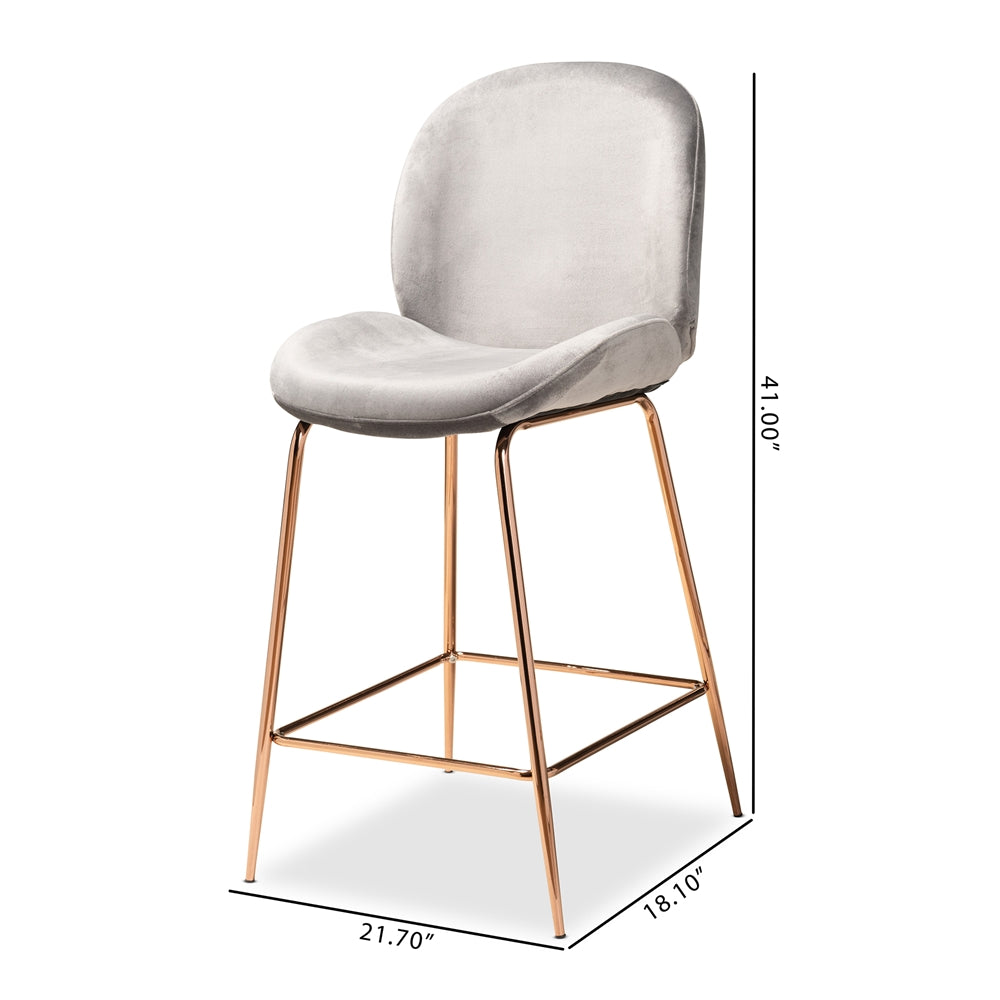 Baxton Studio Lander Modern Luxe And Glam Grey Velvet Fabric Upholstered And Rose Gold Finished Metal 2-Piece Counter Stool Set