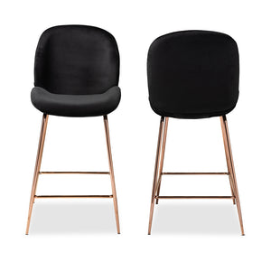 Baxton Studio Lander Modern Luxe And Glam Black Velvet Fabric Upholstered And Rose Gold Finished Metal 2-Piece Counter Stool Set