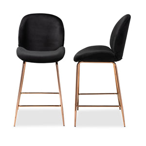 Baxton Studio Lander Modern Luxe And Glam Black Velvet Fabric Upholstered And Rose Gold Finished Metal 2-Piece Counter Stool Set