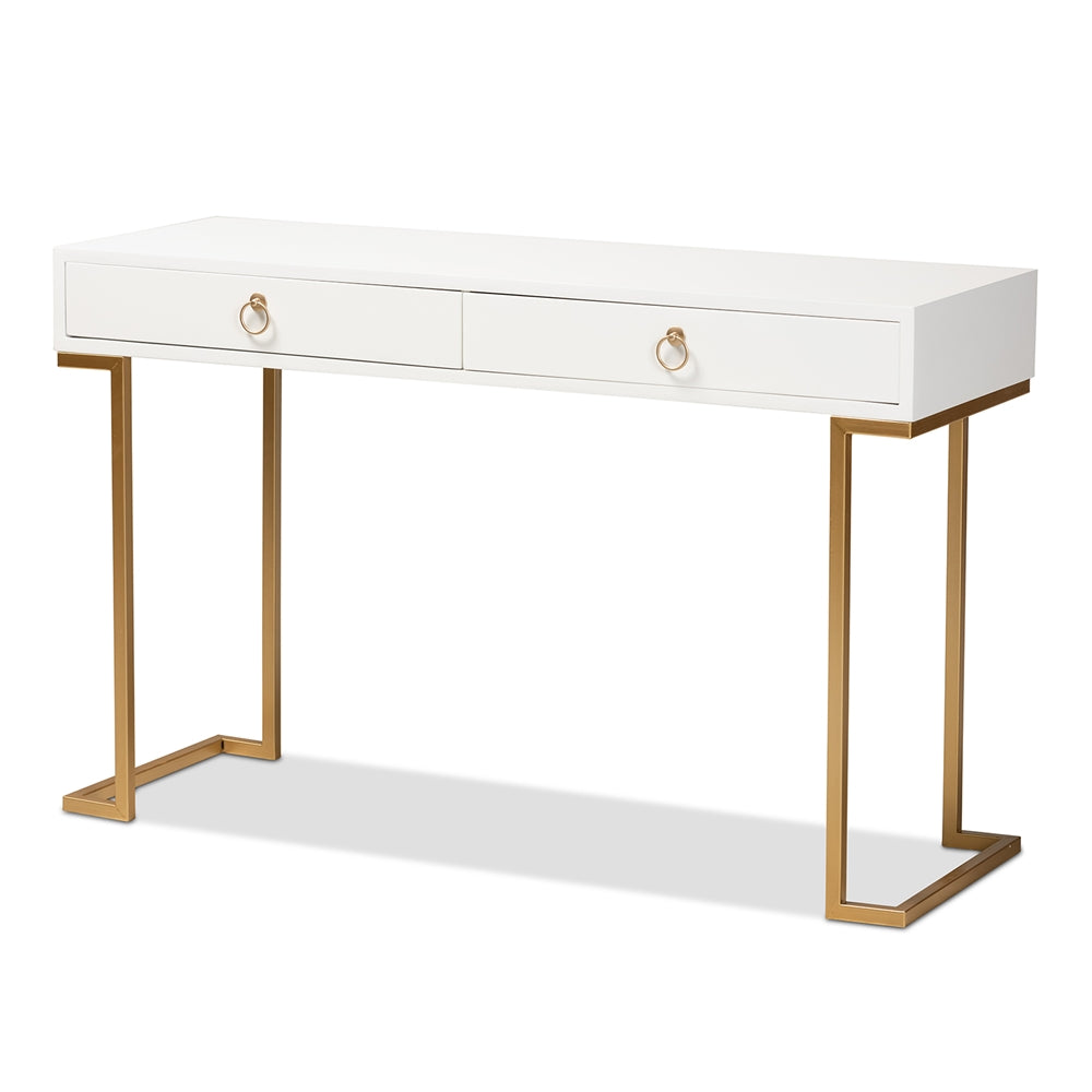 Baxton Studio Beagan Modern And Contemporary White Finished Wood And Gold Metal 2-Drawer Console Table