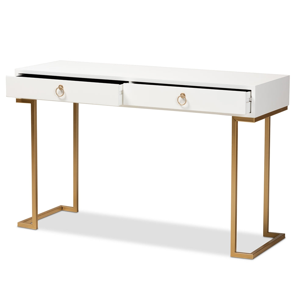 Baxton Studio Beagan Modern And Contemporary White Finished Wood And Gold Metal 2-Drawer Console Table