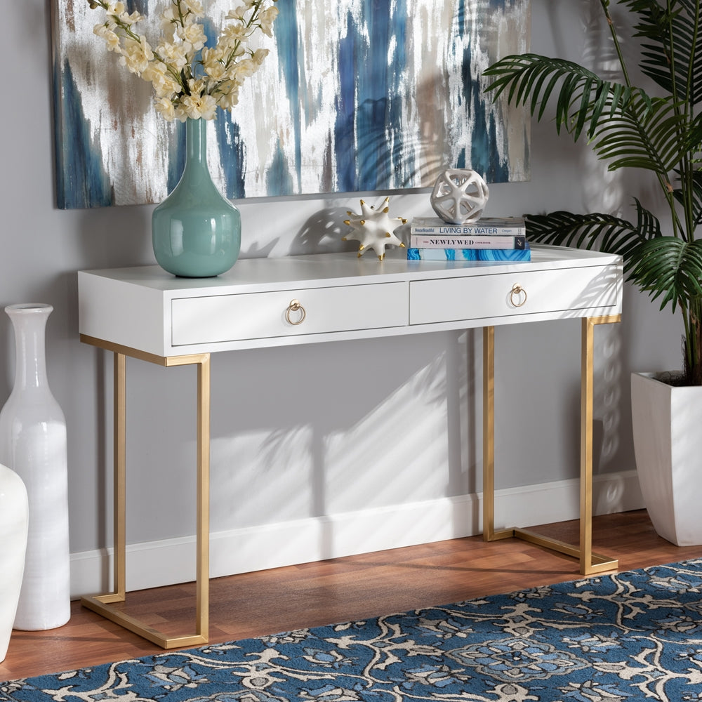 BAXTON STUDIO BEAGAN MODERN AND CONTEMPORARY WHITE FINISHED WOOD AND GOLD METAL 2-DRAWER CONSOLE TABLE