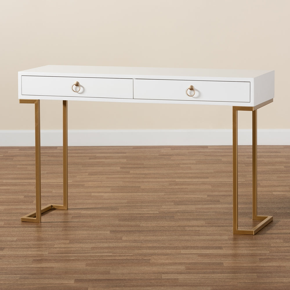 Baxton Studio Beagan Modern And Contemporary White Finished Wood And Gold Metal 2-Drawer Console Table