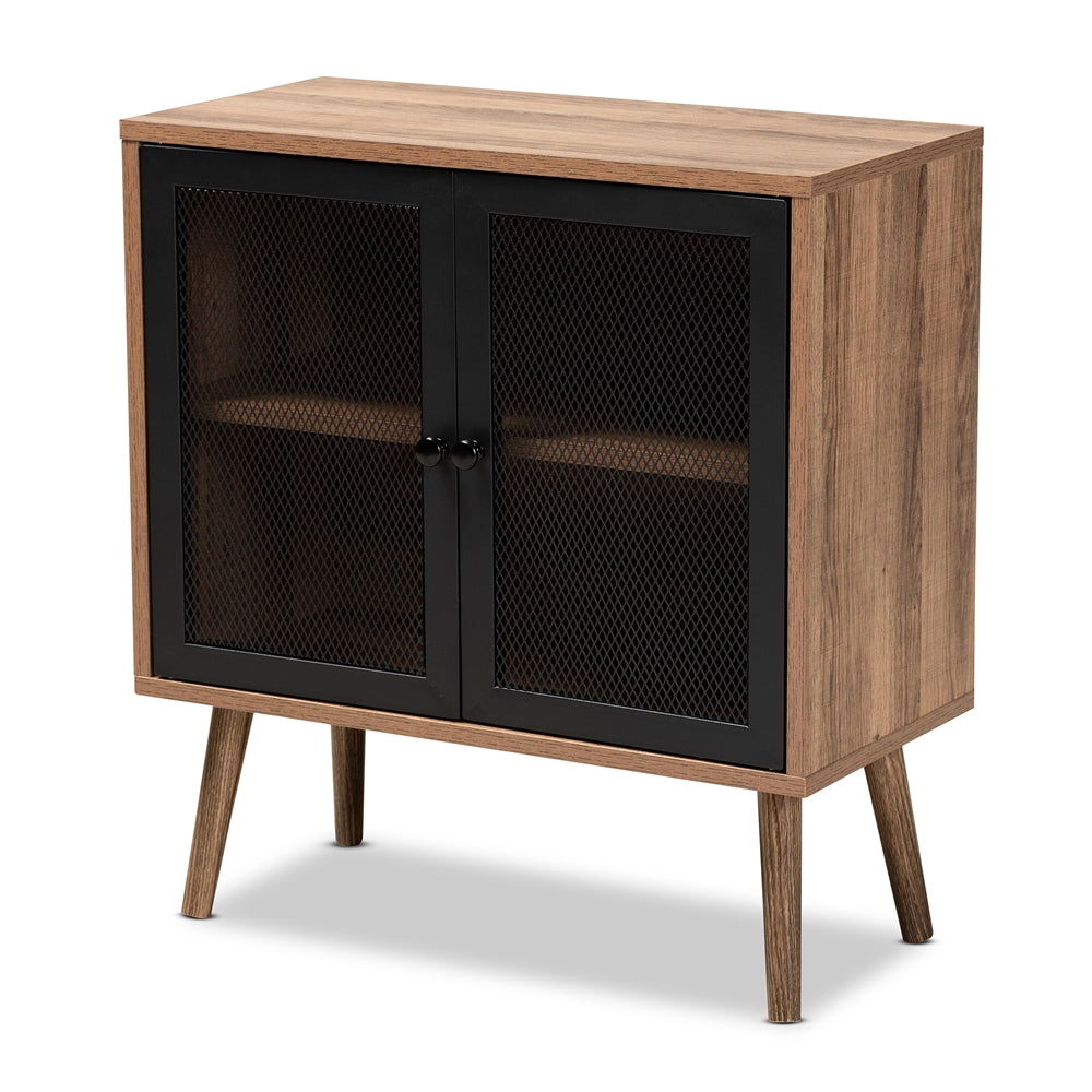 Baxton Studio Yuna Mid-Century Modern Transitional Natural Brown Finished Wood And Black Metal 2-Door Storage Cabinet