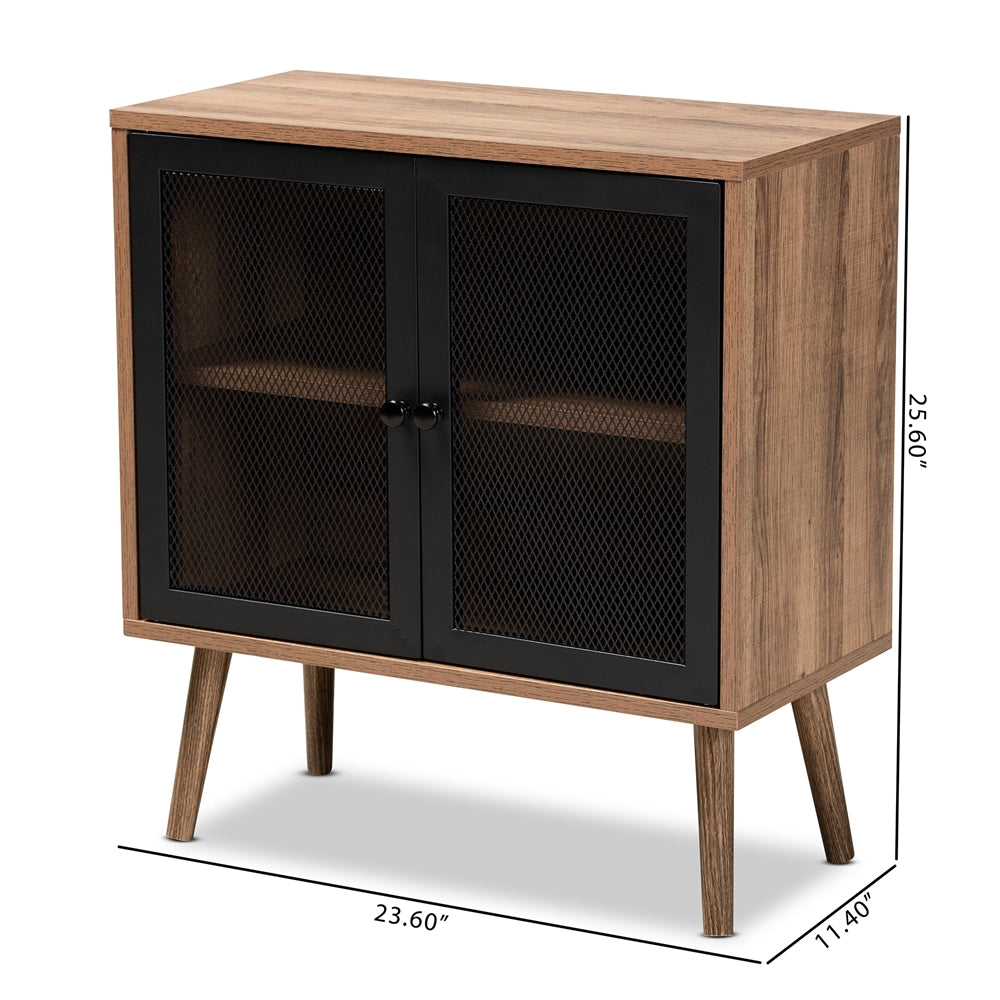 Baxton Studio Yuna Mid-Century Modern Transitional Natural Brown Finished Wood And Black Metal 2-Door Storage Cabinet