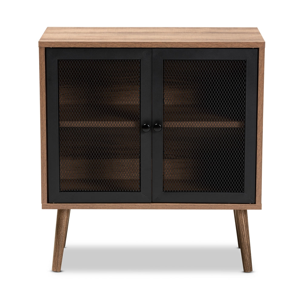 Baxton Studio Yuna Mid-Century Modern Transitional Natural Brown Finished Wood And Black Metal 2-Door Storage Cabinet