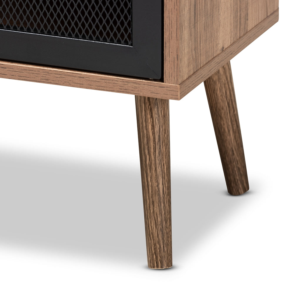 Baxton Studio Yuna Mid-Century Modern Transitional Natural Brown Finished Wood And Black Metal 2-Door Storage Cabinet