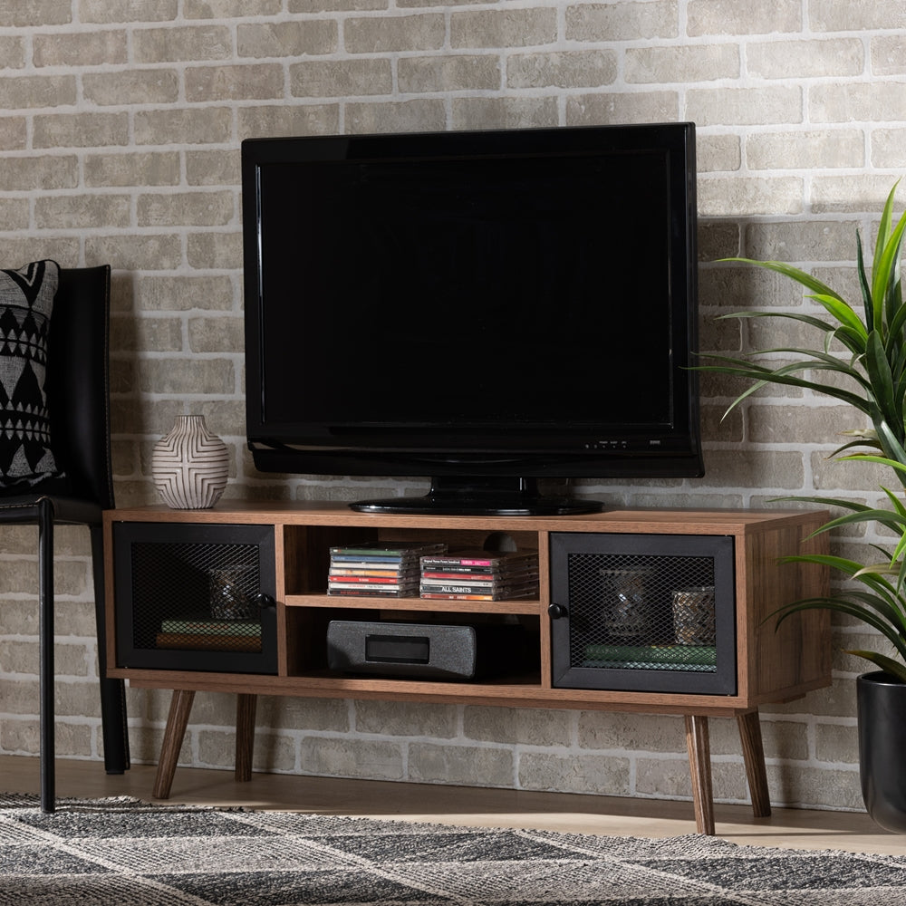 BAXTON STUDIO YUNA MID-CENTURY MODERN TRANSITIONAL NATURAL BROWN FINISHED WOOD AND BLACK METAL 2-DOOR TV STAND