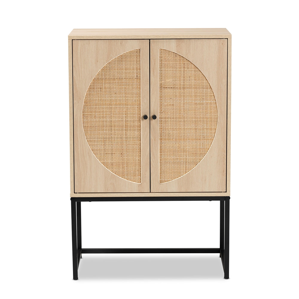 Baxton Studio Ardon Bohemian Light Brown Finished Wood And Black Metal 2-Door Storage Cabinet With Natural Rattan