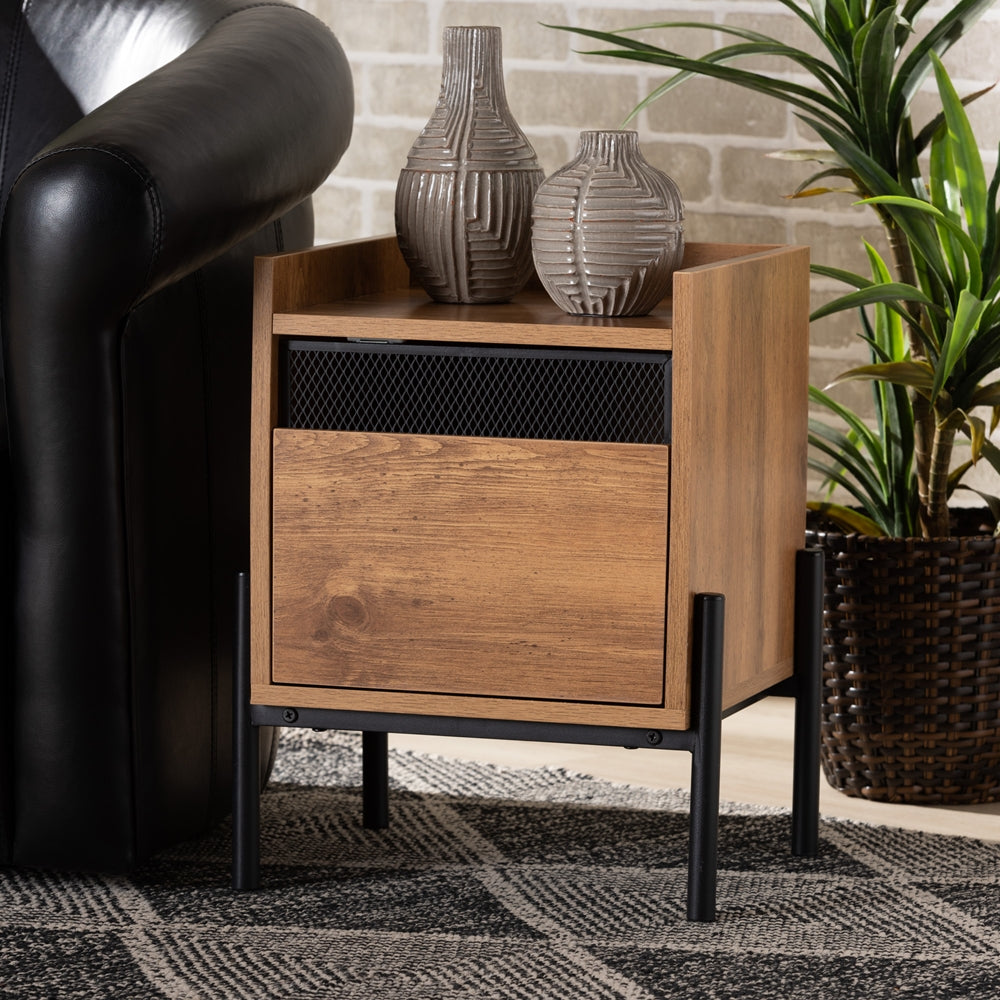 BAXTON STUDIO TASMAN MODERN AND CONTEMPORARY INDUSTRIAL NATURAL BROWN FINISHED WOOD AND BLACK METAL END TABLE