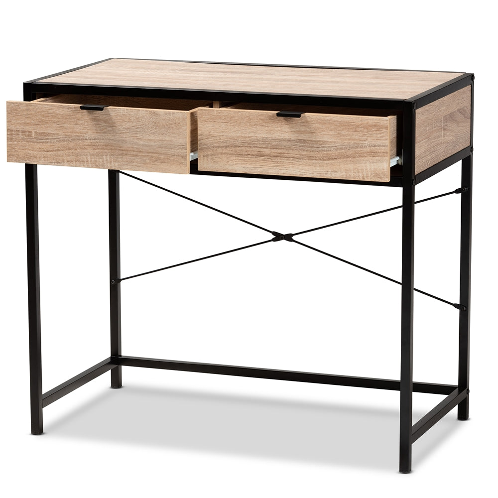 Baxton Studio Grayer Modern Industrial Natural Brown Finished Wood And Black Metal 2-Drawer Desk