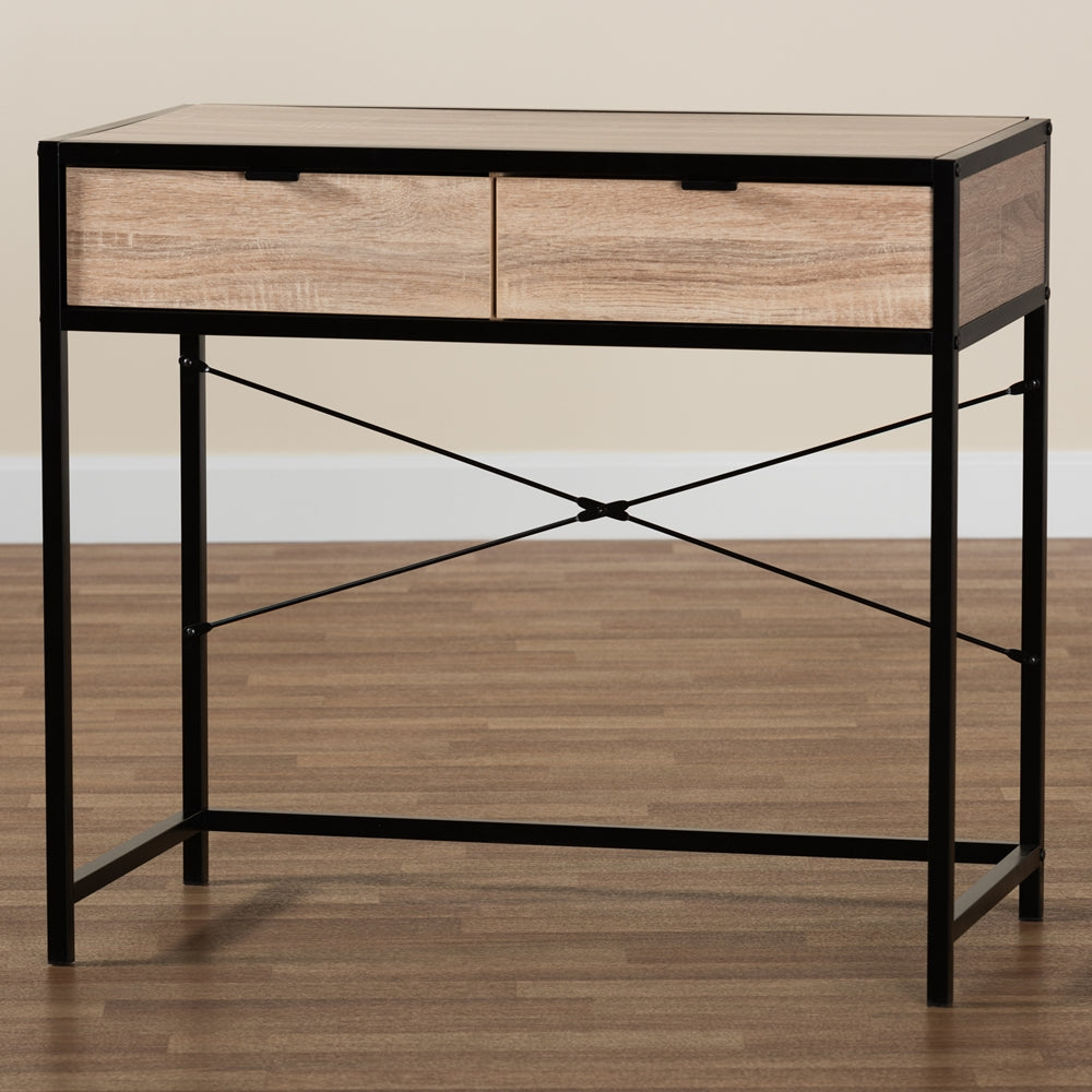 Baxton Studio Grayer Modern Industrial Natural Brown Finished Wood And Black Metal 2-Drawer Desk