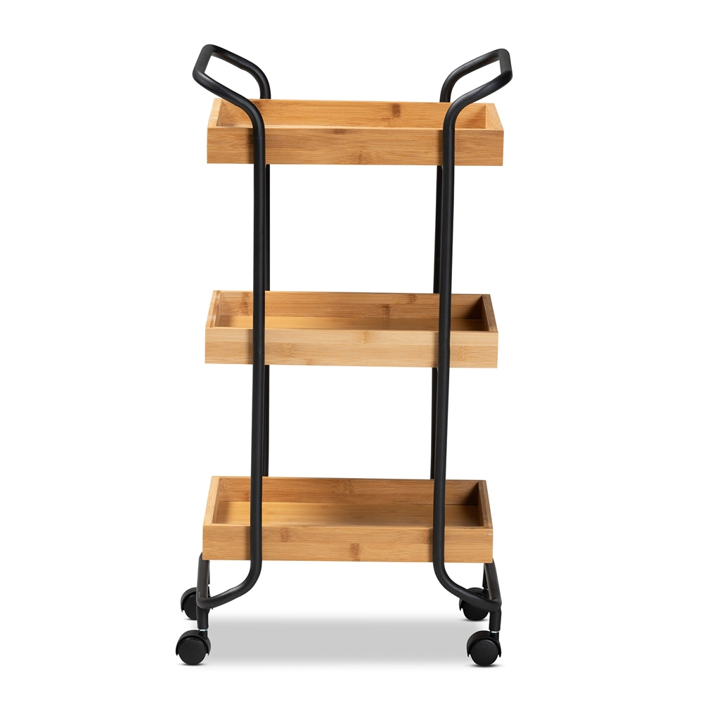 Baxton Studio Baxter Modern And Contemporary Oak Brown Finished Wood And Black Metal 3-Tier Mobile Kitchen Cart