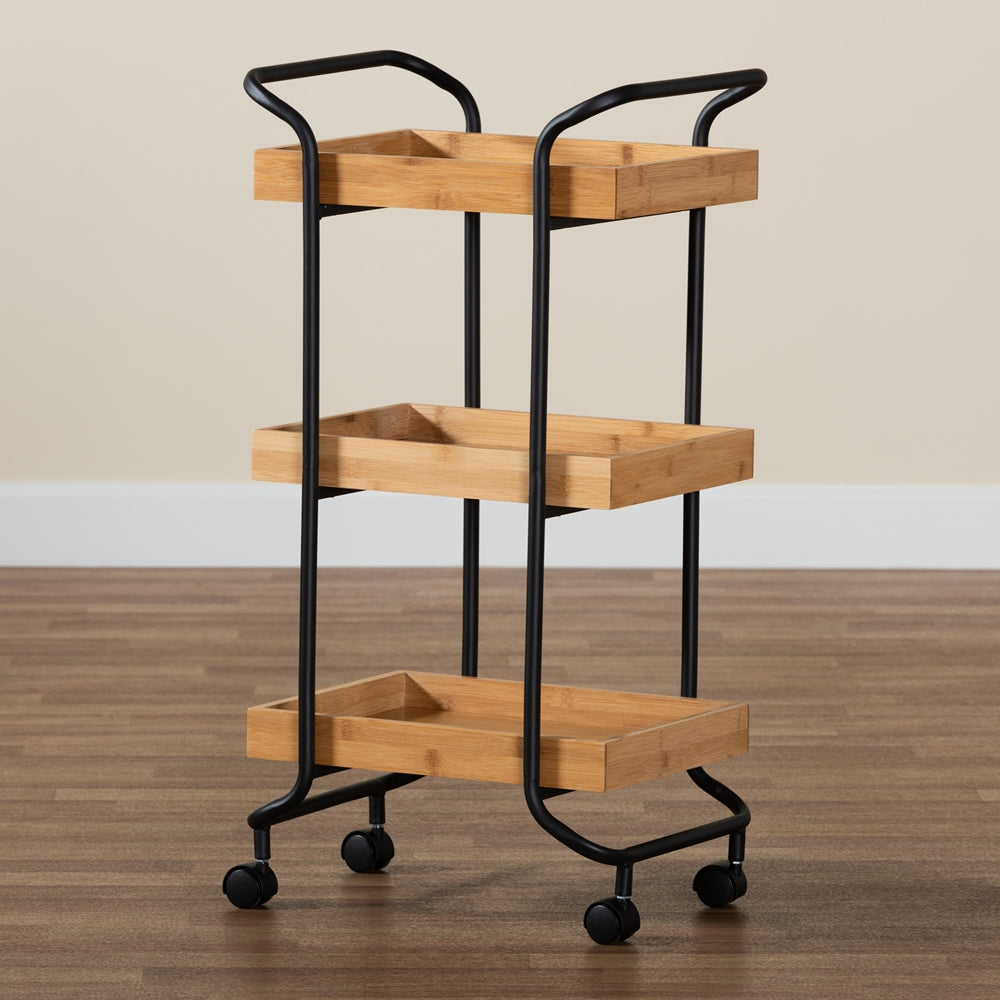 Baxton Studio Baxter Modern And Contemporary Oak Brown Finished Wood And Black Metal 3-Tier Mobile Kitchen Cart