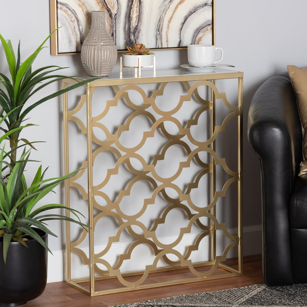 Baxton Studio Calanthe Modern And Contemporary Gold Finished Metal Console Table With Marble Tabletop